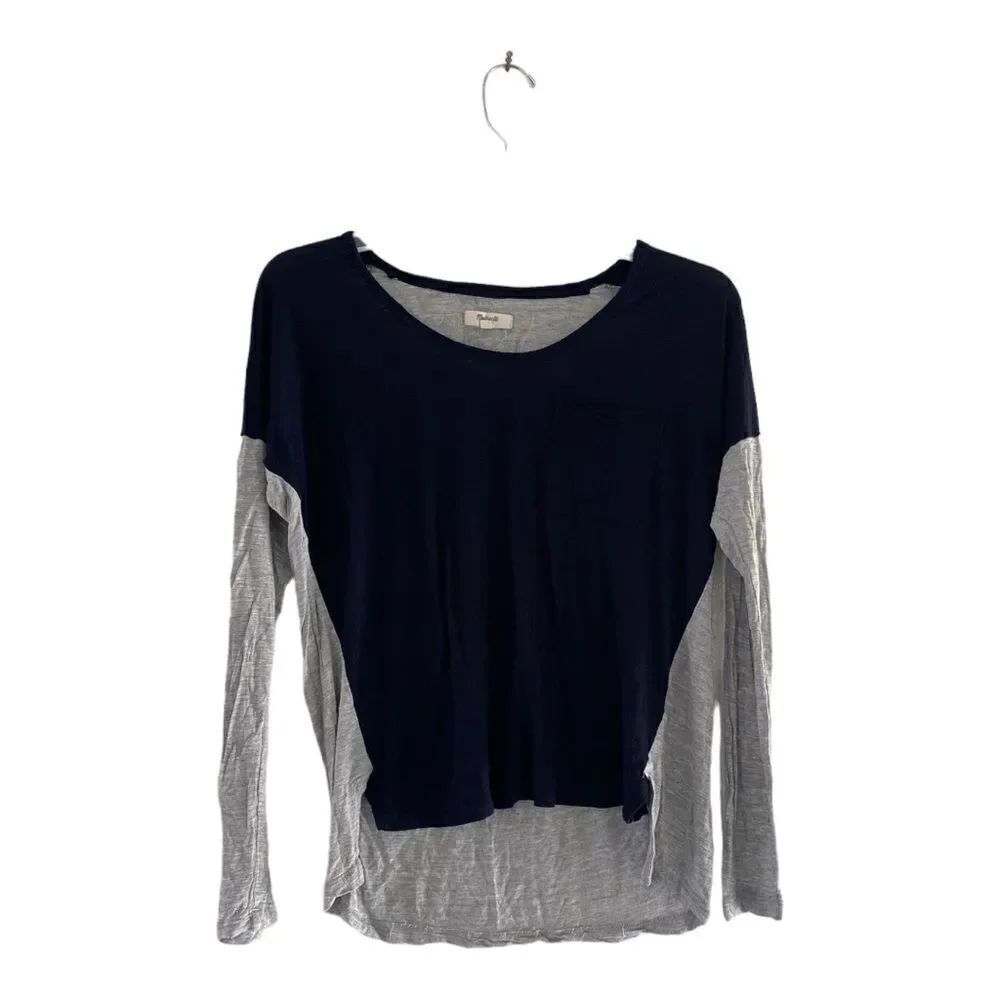 Madewell Color Block High Low Long Sleeve Tee Size Small Navy Gray